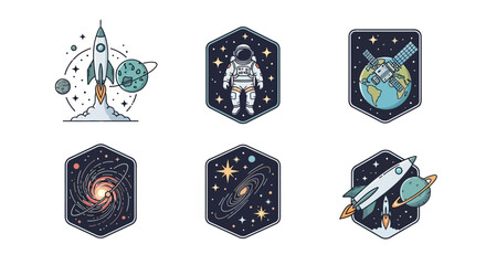 Space Exploration Icons Set Rocket Astronaut Galaxy Planets.