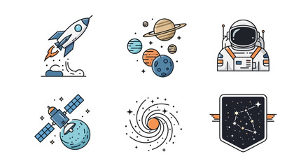 Space Exploration Icons: Rocket Planets Astronaut Satellite Galaxy Constellation.