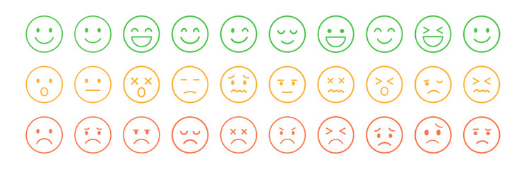 Color feedback rating smiley face icons showing satisfaction levels on transparent background