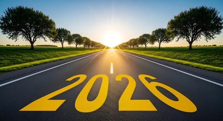 Road leading to the year 2026 with sunrise and trees