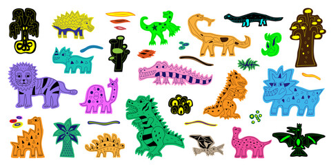 Obraz premium Dinosaurs wild animals doodles vector illustration set 