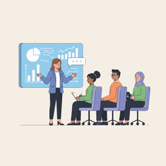 Fototapeta premium Confident Woman Giving Presentation to Diverse Colleagues in Modern Conference Hall Flat Vector Illustration 