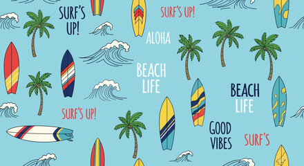 Surfboard and Palm Tree Pattern.