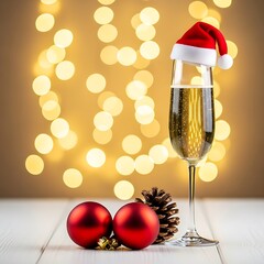 Champagne glass with santa hat and christmas ornaments against bokeh lights