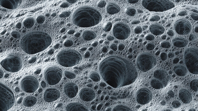 An artistic macro shot showcasing the surface of a porous material with numerous holes and textures. The image reveals a complex and captivating interplay of light and shadow.