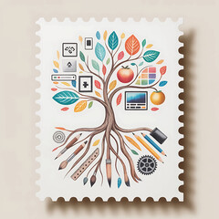 Symbolic tree of knowledge art stamp with diverse educational elements and roots