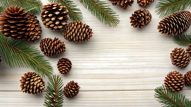 Natural pine cones and lush green branches create a warm and inviting atmosphere, perfect for seasonal decorations or crafts