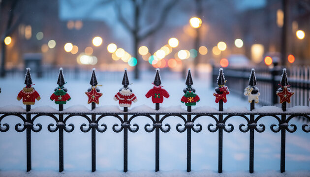 Colorful Christmas decorations on a snowy fence in winter evening  