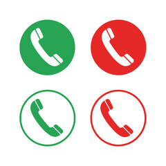 Call and decline phone icons set, featuring green answer and red reject symbols in filled circles and outlined versions, representing communication options and decision-making for digital interfaces