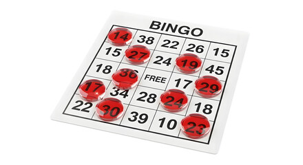 Bingo card with red markers on number selections isolated on transparent background