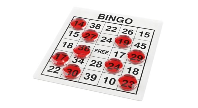 Bingo card with red markers on number selections isolated on transparent background - Powered by Adobe
