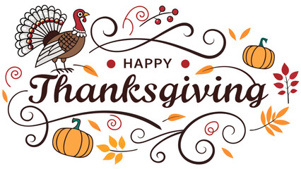 Thanksgiving greeting card with script lettering in copper and orange hues, detailed turkey illustration, and soft watercolor pumpkins and leaves