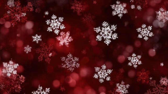 festive background with white and red snowflakes on a dark red bokehfilled backdrop