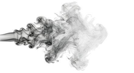 Abstract dark smoke trail expanding and dissipating across a transparent studio background