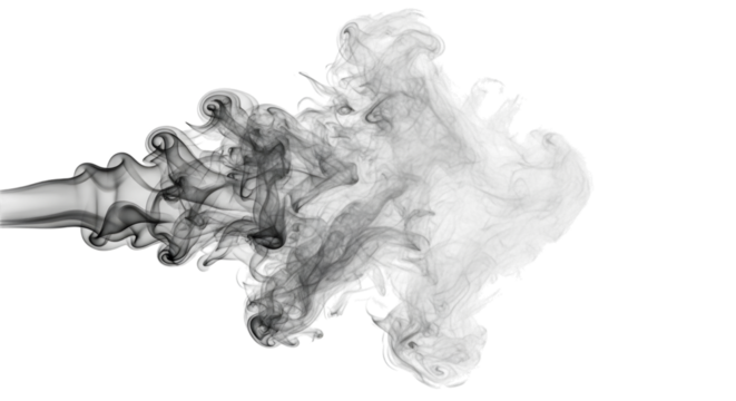 Abstract dark smoke trail expanding and dissipating across a transparent studio background