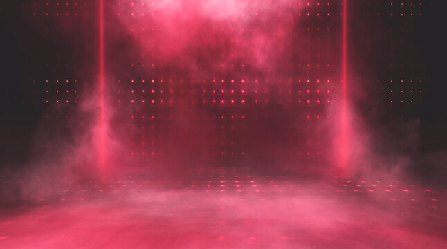 Empty stage with bright red neon lights and smoke. Red spotlights, beams, and glare in a dark,