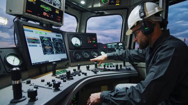 white male operator in control cabin, operates crane controls and touchscreen monitors, adjusts levers