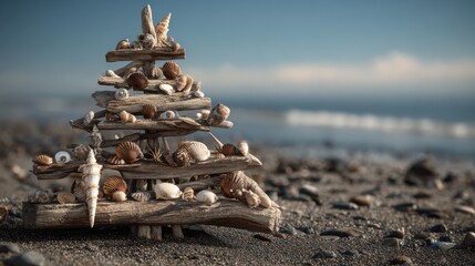 driftwood and seashell christmas tree by the beach