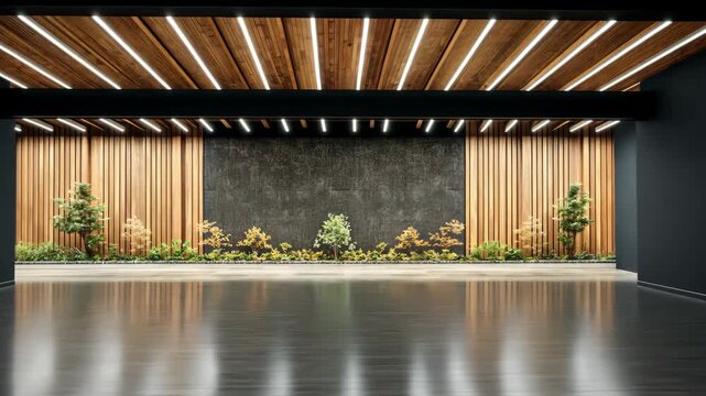 A spacious indoor environment showcases stylish wooden details and lush plants, perfect for gatherings or artistic activities