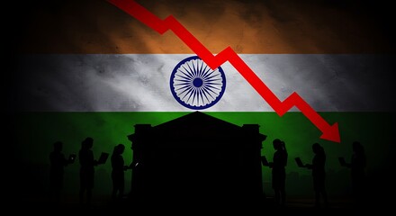 Dramatic red arrow points down over Indian flag and silhouetted figures before building symbolizing economic decline and financial crisis