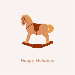 Christmas greeting card with wooden rocking horse. Holiday decoration. Merry Christmas, New Year. Hand drawn vector illustration