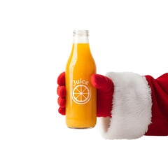 Santa's hand holding a bottle of fresh orange juice, transparent background, isolated