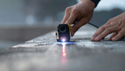 A person's hands carefully adjust a small, illuminated device with a bright light beam, suggesting a scientific or technical measurement.