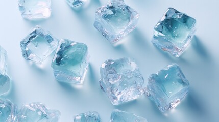Obraz premium Ice cubes scattered on a blue surface creating a cool and refreshing scene