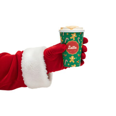 Santa's hand holding a festive Christmas latte cup, transparent background, isolated