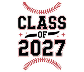 Class of 2027 baseball graphic with stitching and stars.
