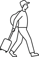 Traveler Walking Through Airport Line Art Vector Illustration Isolated on White Background