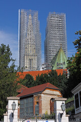 Towers of Zagreb Cathedral in scaffolding, after the 2020 earthquake in Zagreb, Croatia