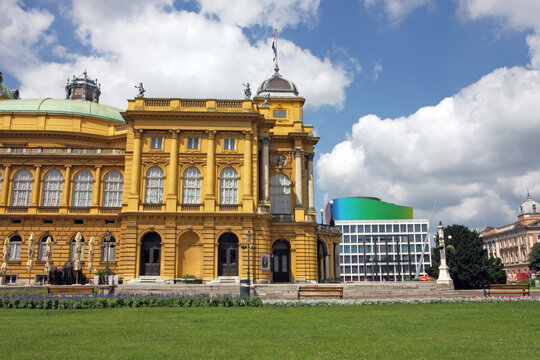 Croatian national theater and new building of Academy of Music, University of Zagreb, Croatia