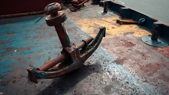 A weathered anchor rests on the deck of a ship, its rusty surface telling tales of voyages and maritime adventures, capturing the essence of nautical history - Powered by Adobe