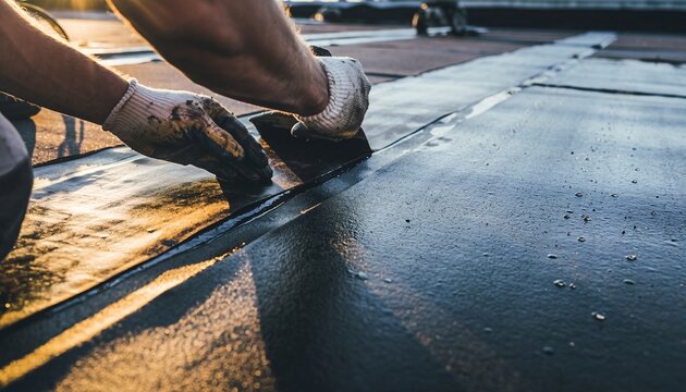 A close-up shot of a worker's gloved hands applying sealant to a rooftop membrane during a construction project.