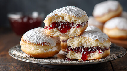 Homemade sufganiyot donuts dusted with powdered sugar and filled with sweet jelly, beautifully arranged on a vintage plate, perfect for festive celebrations and holiday gatherings