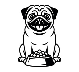 A happy pug dog sitting in front of its food bowl, black and white illustration.