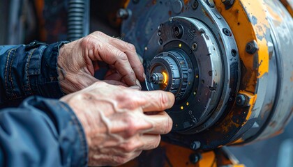 A skilled mechanic's hands meticulously adjust a complex mechanical component within heavy industrial machinery, highlighting precision and engineering.