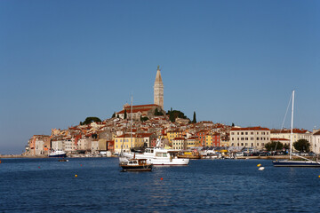 Croatian town of Rovinj with the hilltop church of St. Euphemia, whose towering steeple dominates the skyline