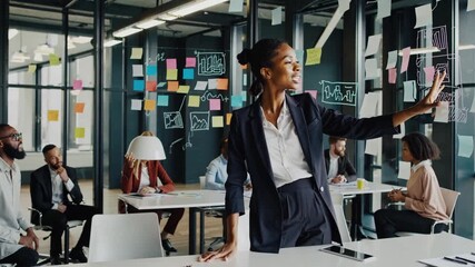 female leader presenting to team in modern office, colorful sticky notes on glass wall, colleagues seated,