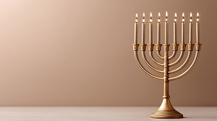 Fototapeta premium Modern minimalist menorah design in matte gold metal, elegantly displayed on a neutral background, showcasing a contemporary interpretation of traditional holiday decor