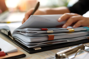 Business Documents and Reports with Hands Writing Notes