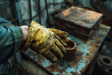 Wearing Worn Work Gloves in Industrial Workshop