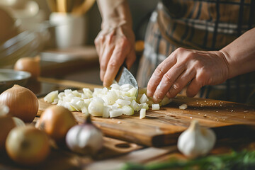 Chopping Onions on Wooden Cutting Board in Kitchen