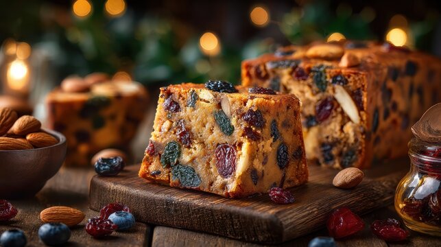 slice of traditional christmas fruit cake with dried fruits and nuts on wooden table festive holiday dessert homemade winter baking background - Powered by Adobe