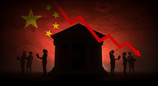 Struggling Chinese economy depicted with falling graph over bank silhouette and silhouetted people with laptops