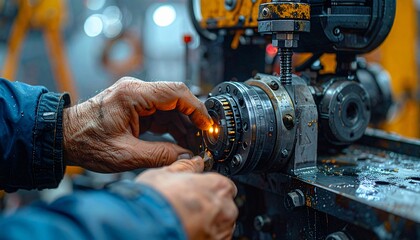 Skilled hands meticulously adjusting a complex industrial machine, sparks flying as metal components are precisely manipulated in a workshop environment.