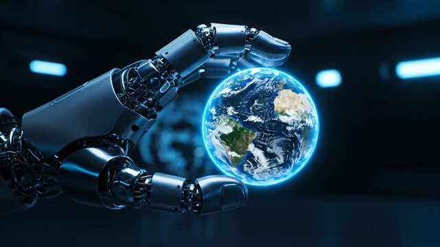 A robotic arm delicately holds Earth, enveloped in a blue glow, against a dark backdrop