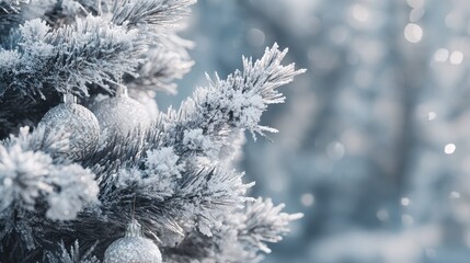 close up of a frosted christmas tree with silver ornaments and a winter wonderland text overlay