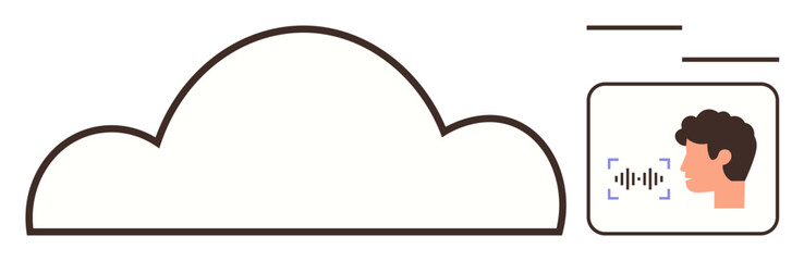 Cloud linked with profile speaking into a microphone with waveform. Ideal for voice recognition, AI, technology, innovation, cloud computing, IT solutions, simple flat metaphor